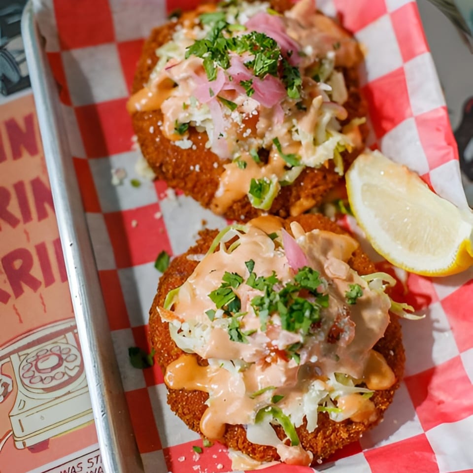 Two crispy crab cakes topped with slaw, pink pickled onions, sauce, and cilantro, with a lemon wedge.