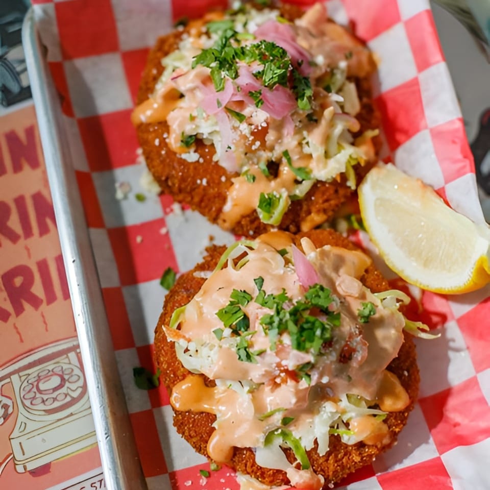 Two crispy fried crab cakes topped with slaw, pink pickled onions, cilantro, and a creamy sauce.