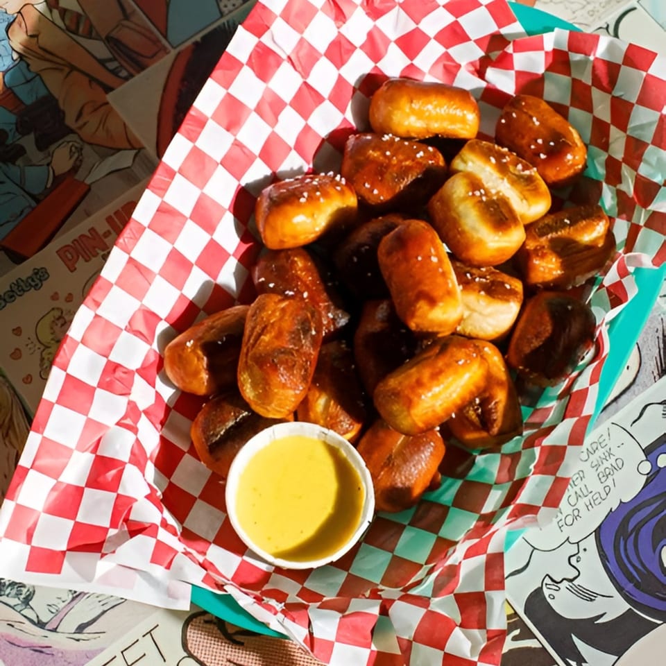 Salted pretzel bites in a red and white checkered paper basket with a side of mustard.